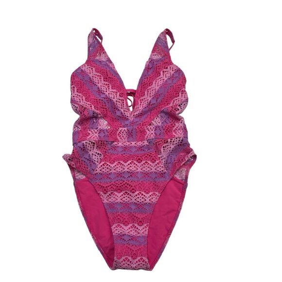 BECCA‎ Swimsuit Womens L Pink Purple Crochet Color Play Plunge One Piece Boho - Picture 1 of 10